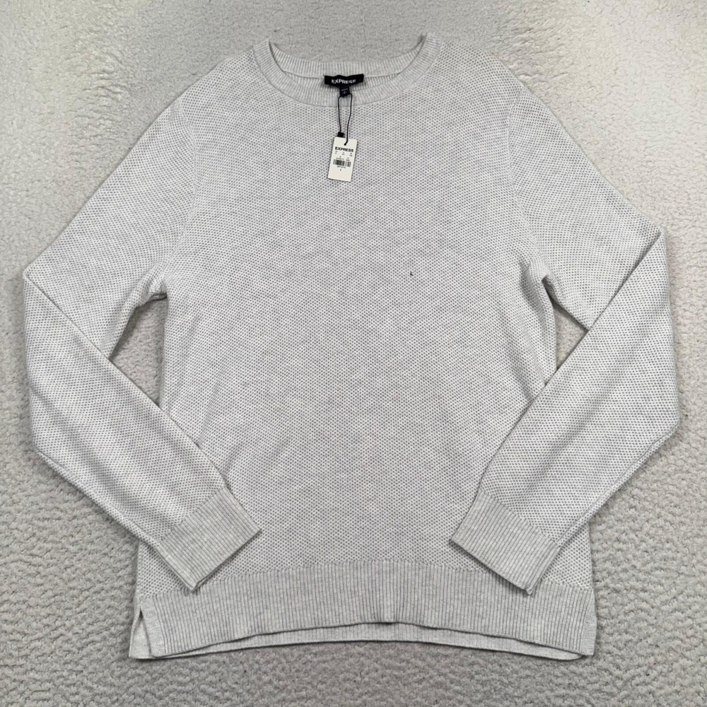 NWT Express Sweater Mens Large Crewneck Pullover Textured Knit Light Grey Cotton